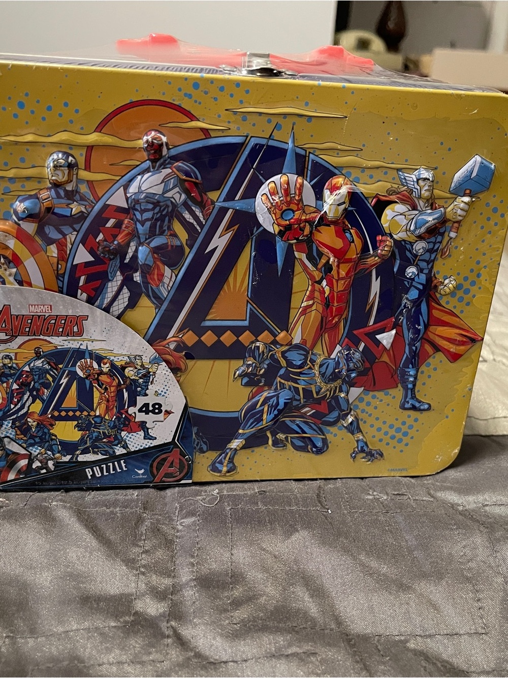 Marvel Yellow Avengers Puzzle Tin with Blue & Red Hero Art